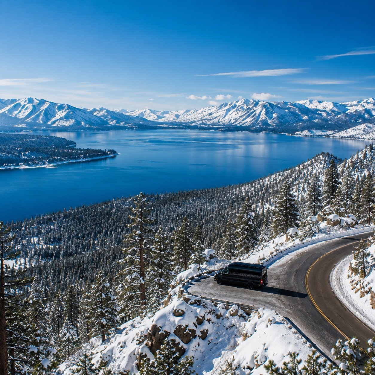 Luxury vehicle on snowy Lake Tahoe mountain road