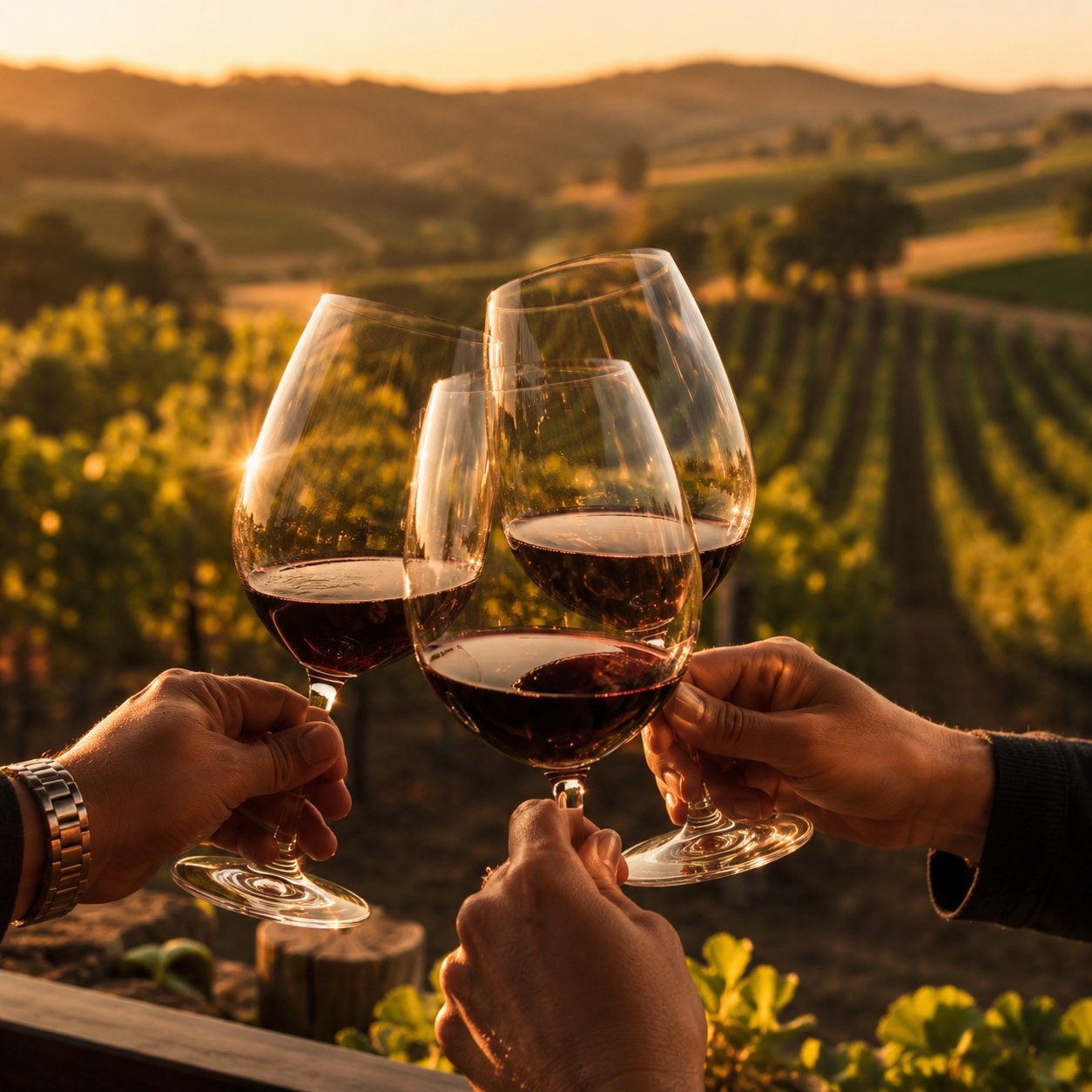 Wine glasses raised in toast at Napa Valley vineyard