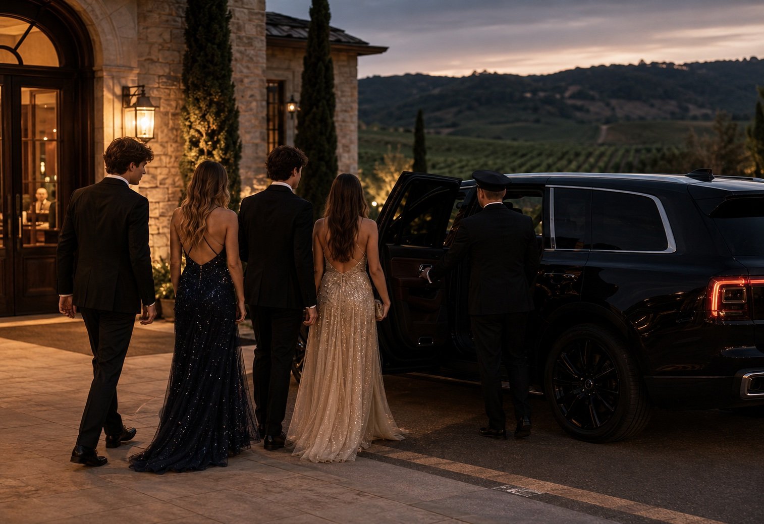 Formally dressed students boarding luxury black SUV at Napa Valley venue