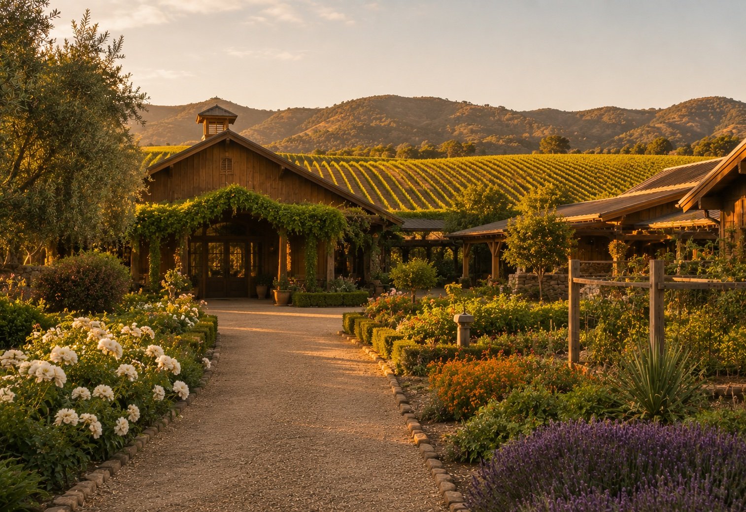Cakebread Cellars winery garden and estate entrance in Rutherford Napa Valley