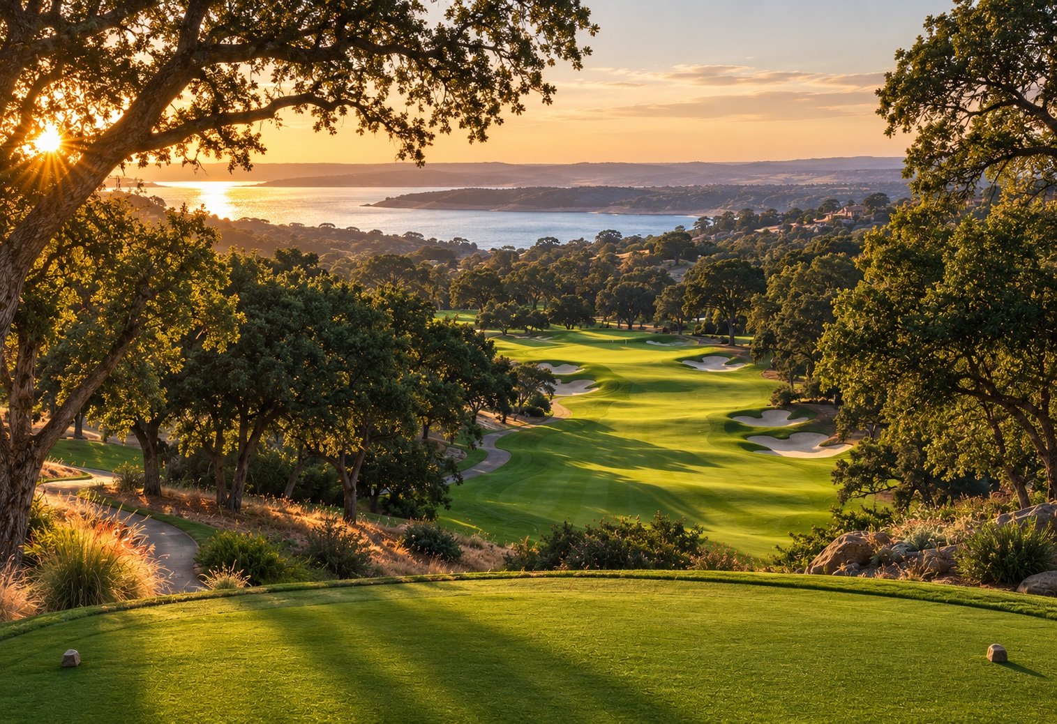 Serrano Country Club El Dorado Hills fairway with Folsom Lake in distance