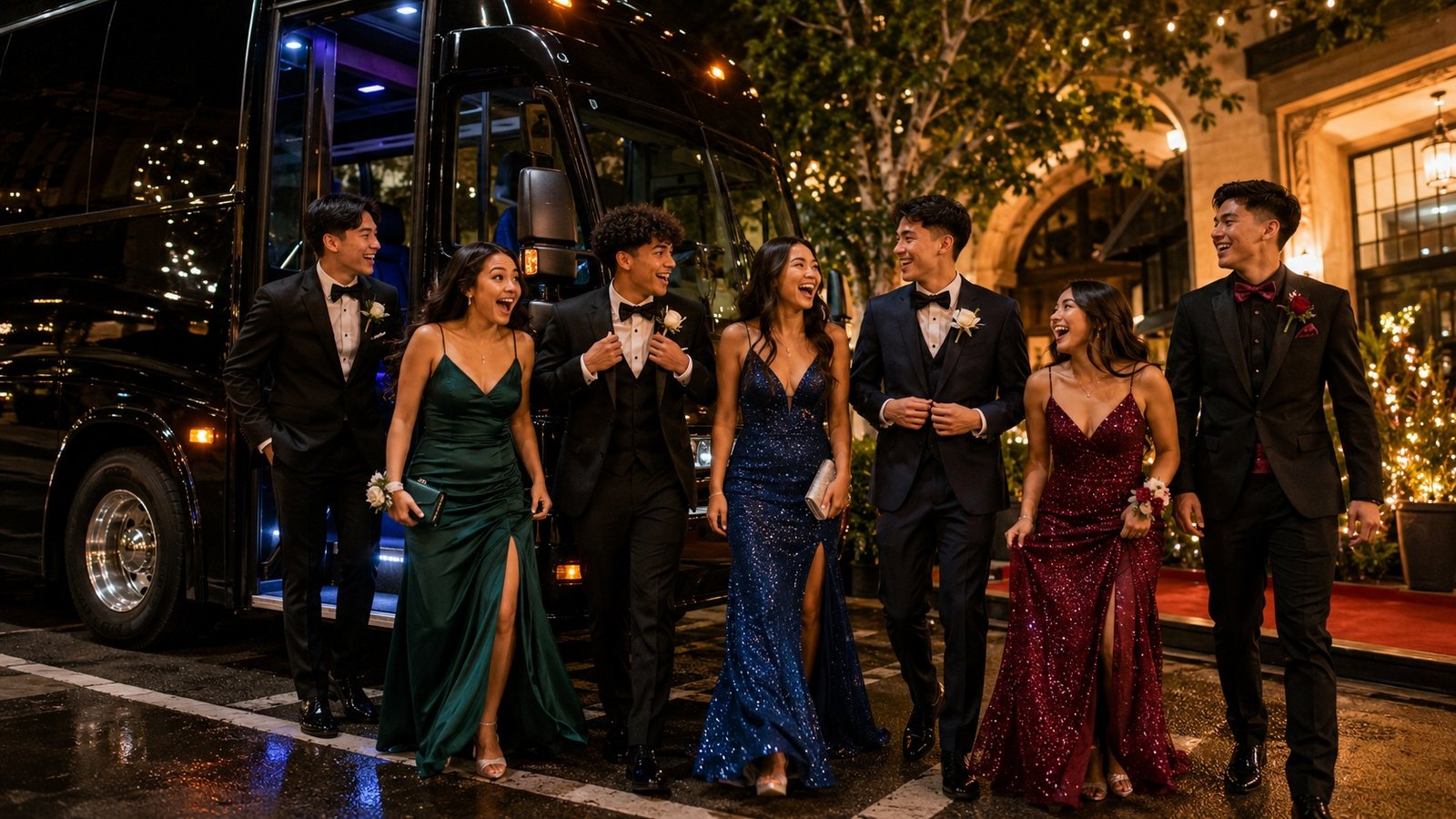 Party bus with LED lighting for a large SF Bay Area prom group