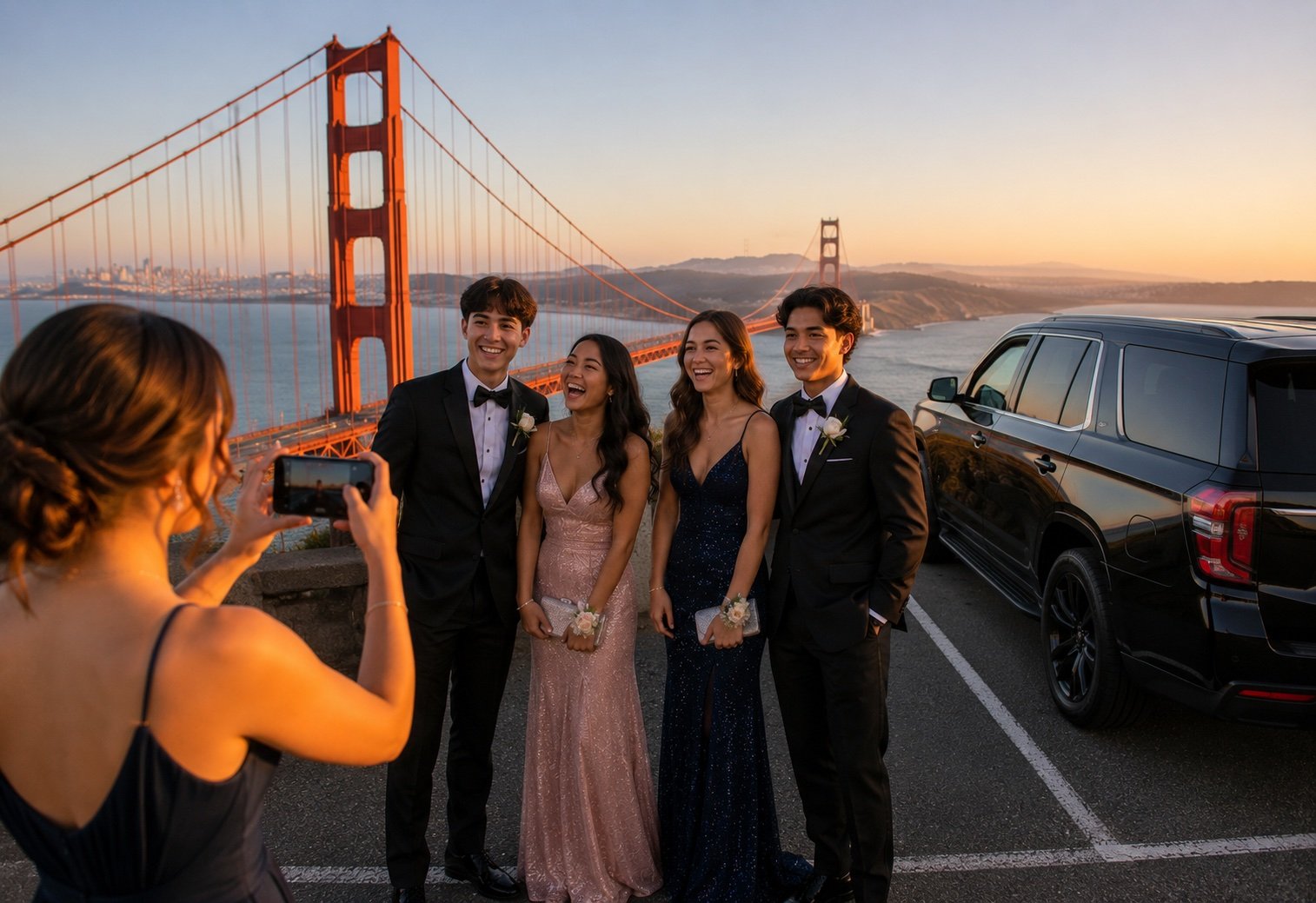 Prom night group photo in front of luxury vehicle at a SF Bay Area landmark